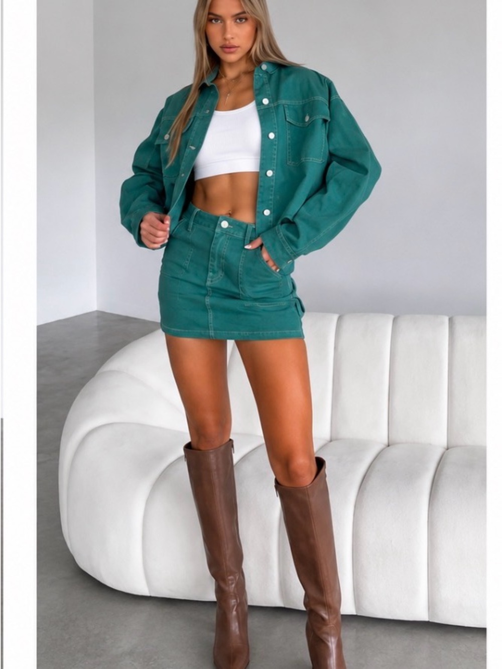 White Fox Green Denim Mini Skirt XS AND Green Denim Jacket S/M